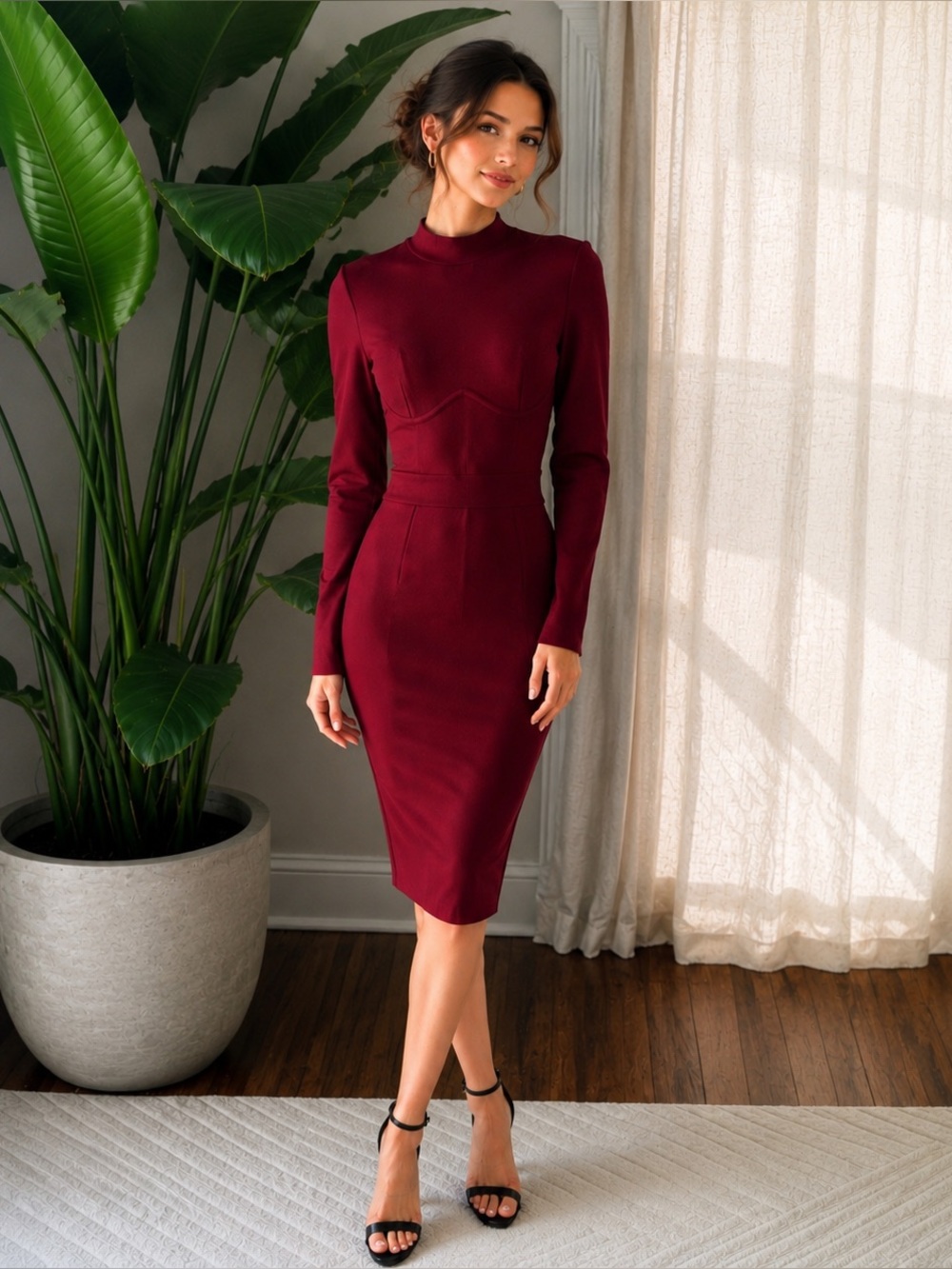 Designer Burgundy Bandage Midi Dress | Long Sleeve Mock Neck Bodycon
